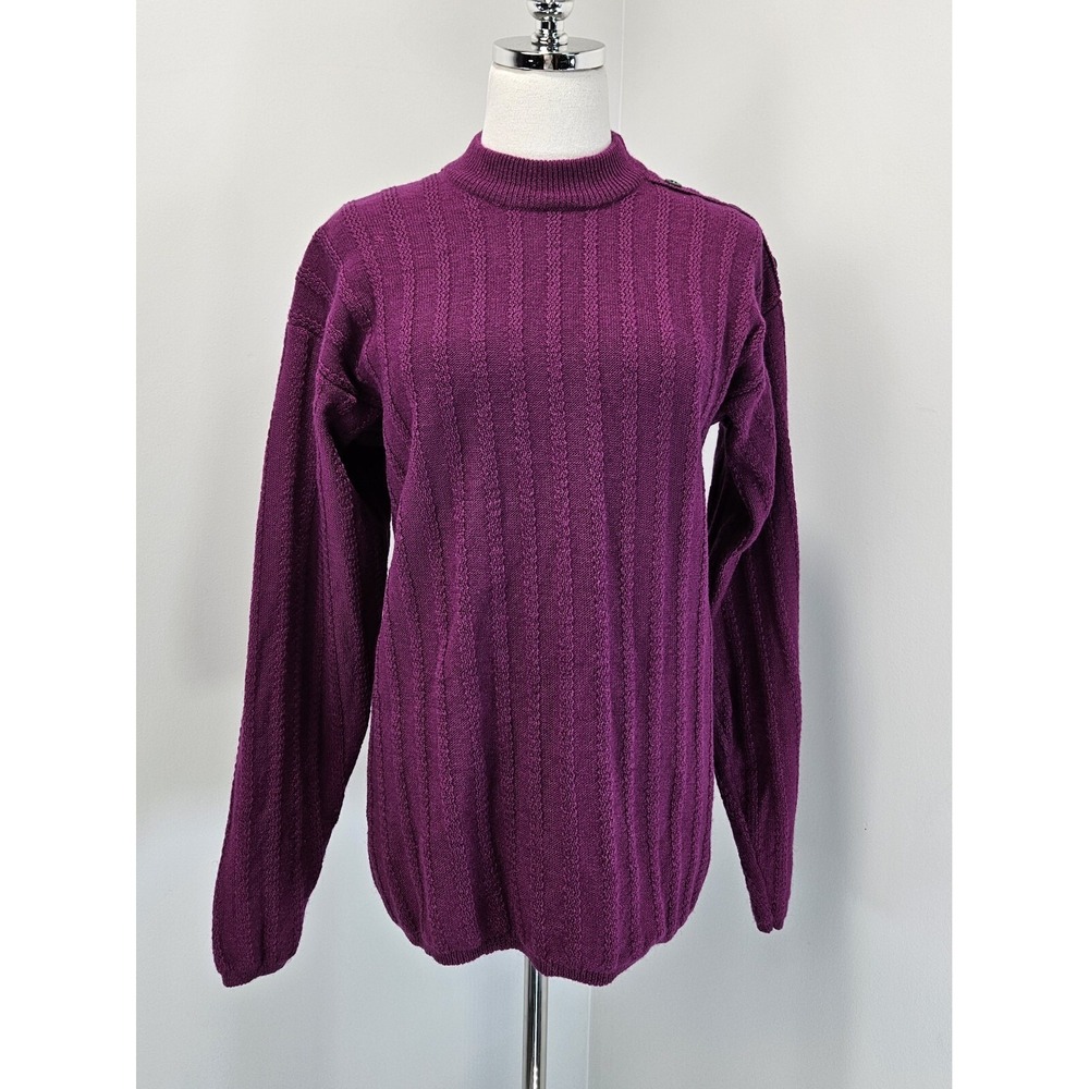 Talbots Vintage Magenta Wool Cotton Blend Cable Knit Mock Neck Button‎ Sweater S